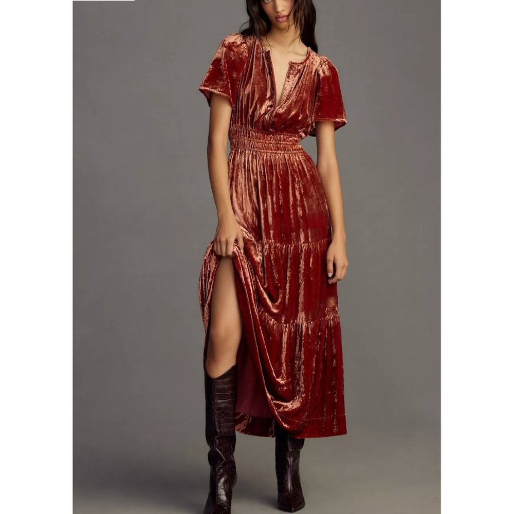 Anthropologie‎ The Somerset Velvet Maxi Dress Size Small Smocked Tiered in Amber
